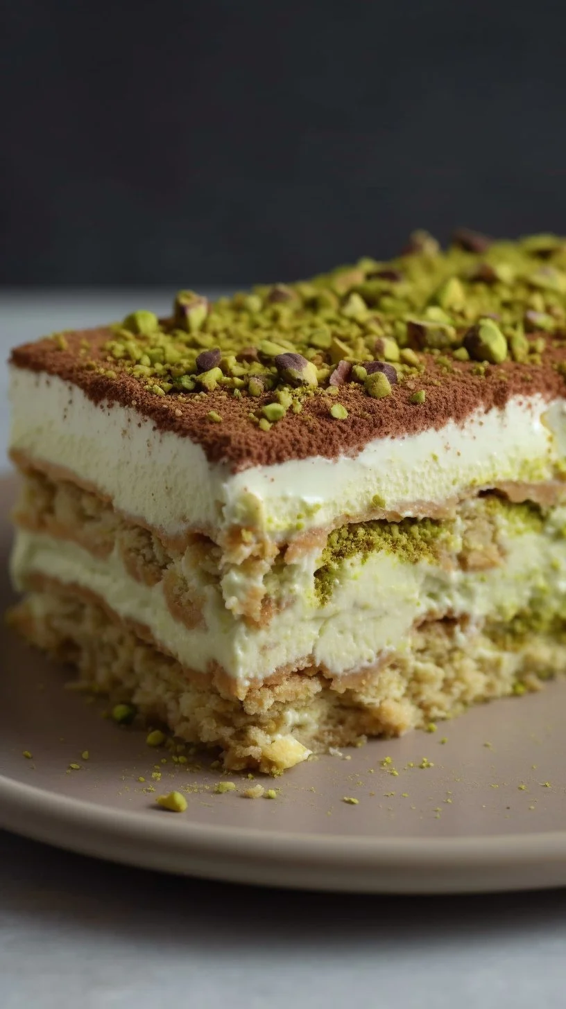 Delicious Pistachio Tiramisu dessert topped with crushed pistachios
