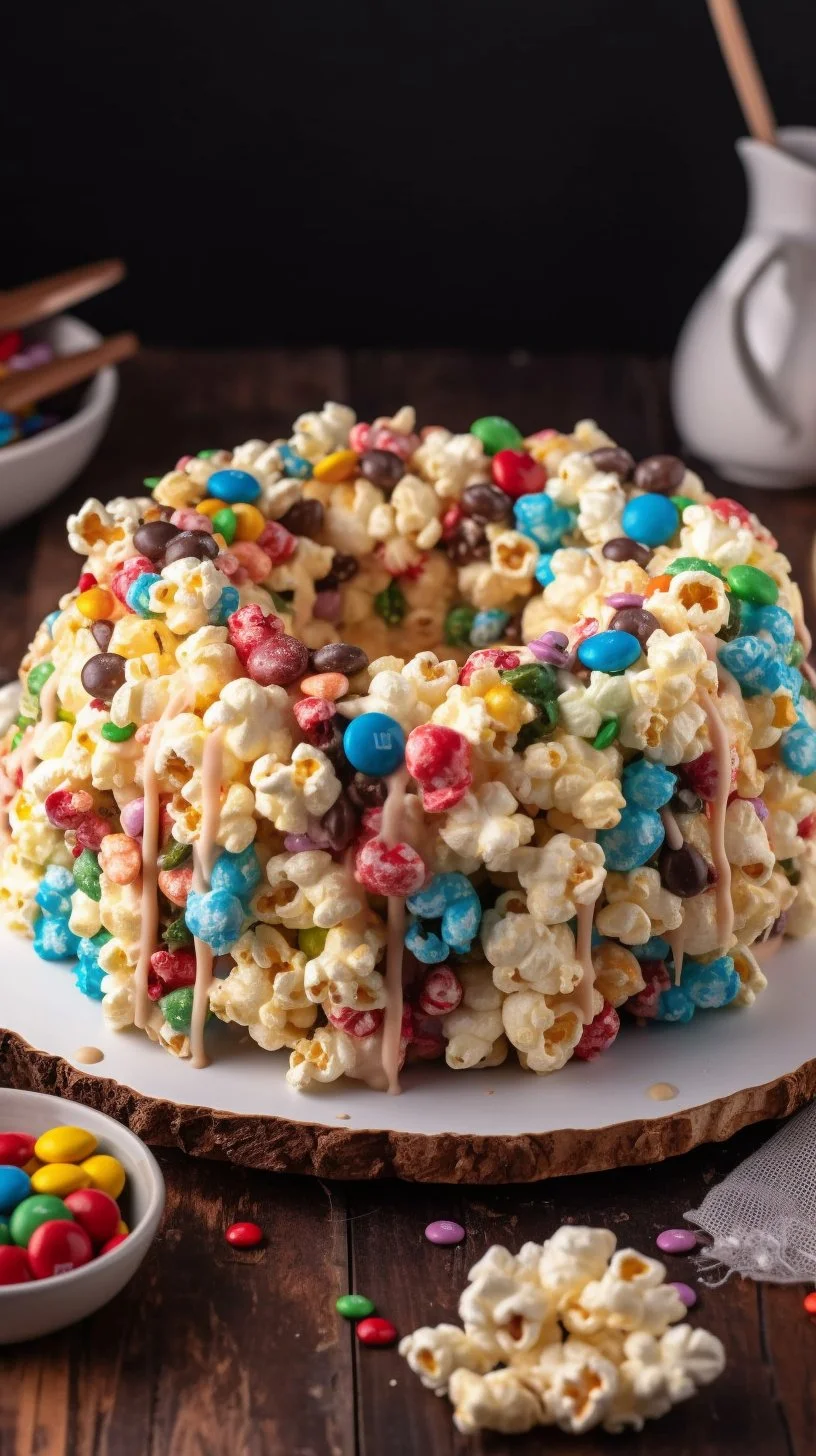 Delicious popcorn cake decorated with colorful sprinkles
