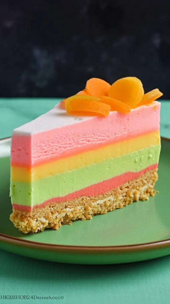 Colorful Rainbow Sherbet Cheesecake slice with vibrant layers of flavor
