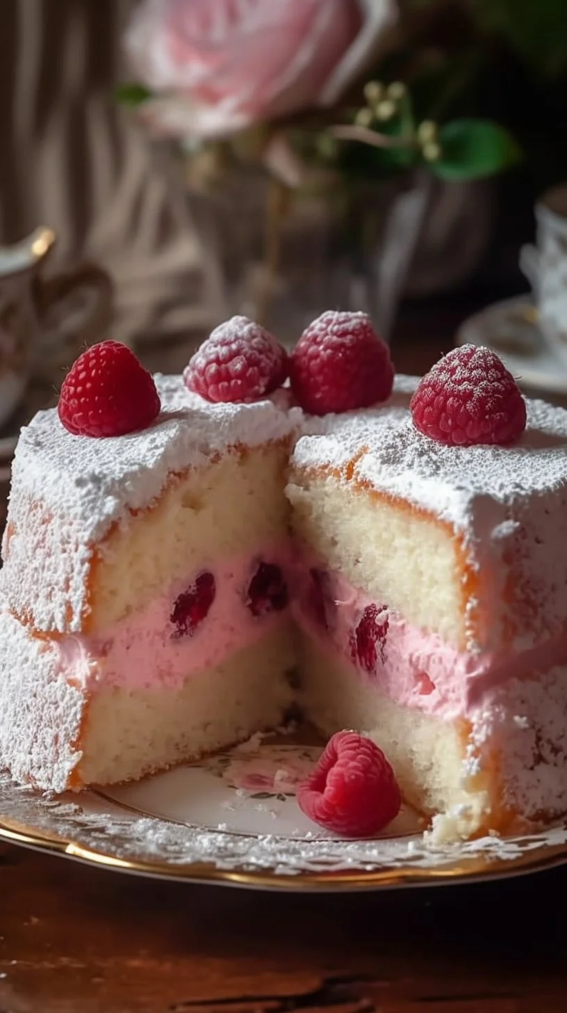 Delicious Raspberry Angel Food Cake topped with fresh raspberries and whipped cream