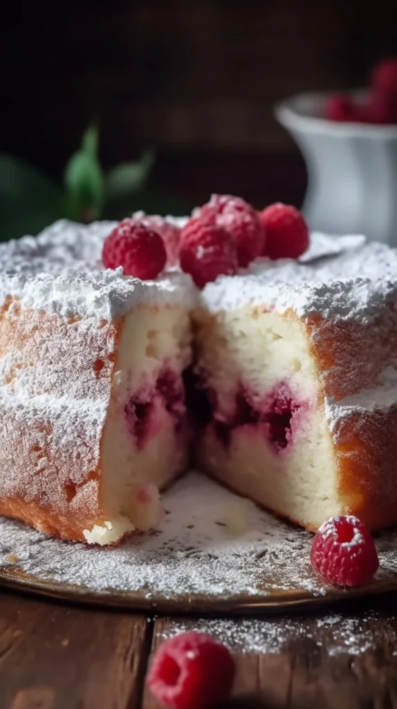 Fluffy Raspberry Angel Food Cake topped with fresh raspberries and whipped cream.
