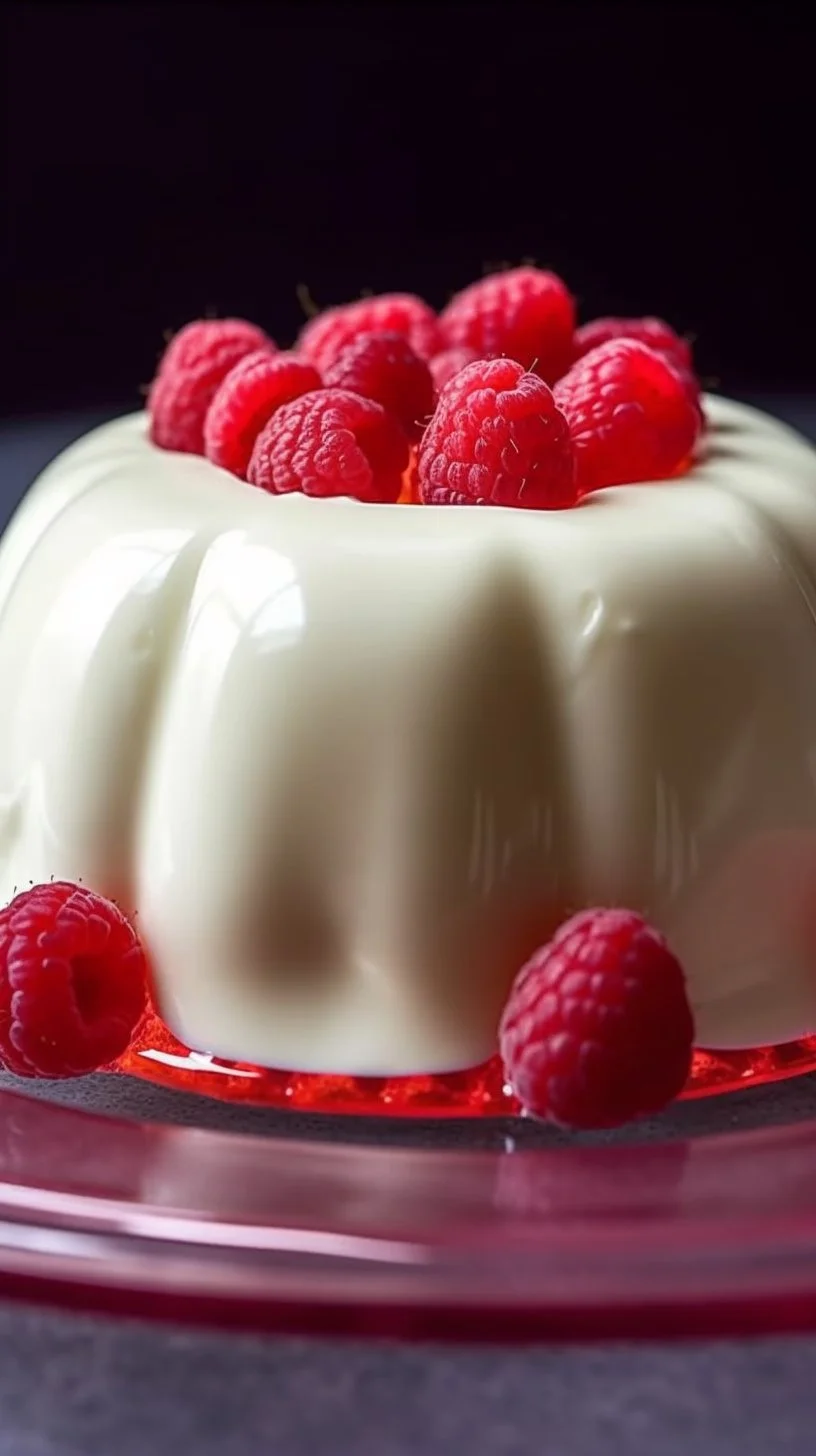 Elegant Raspberry Blancmange dessert garnished with fresh raspberries