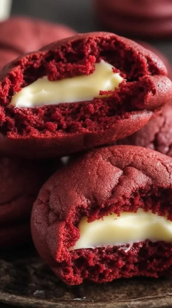 Red velvet cookies filled with cream cheese, decorated with white frosting.