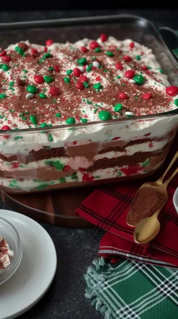Delicious Red Velvet Poke Cake topped with cream cheese frosting and garnished.