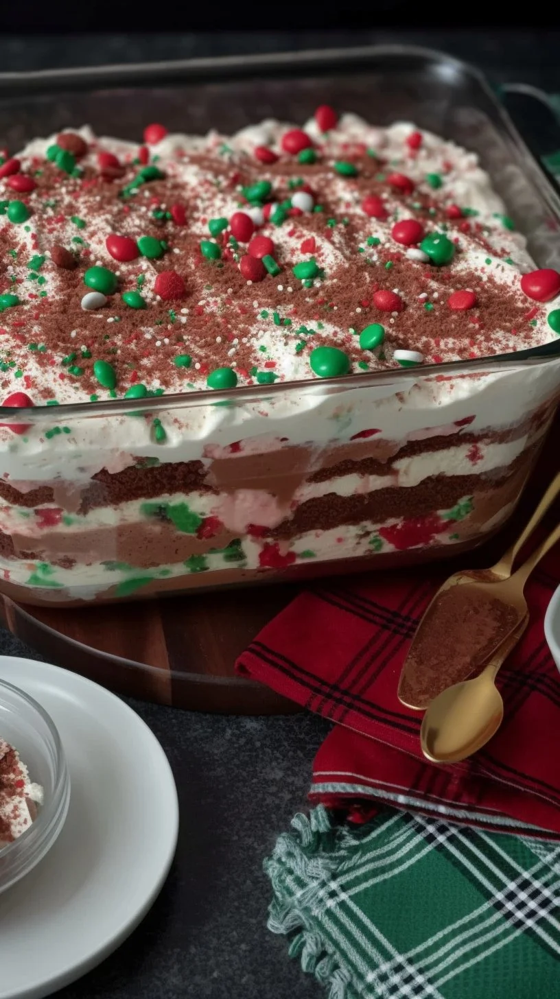 Delicious Red Velvet Poke Cake topped with cream cheese frosting and garnished.