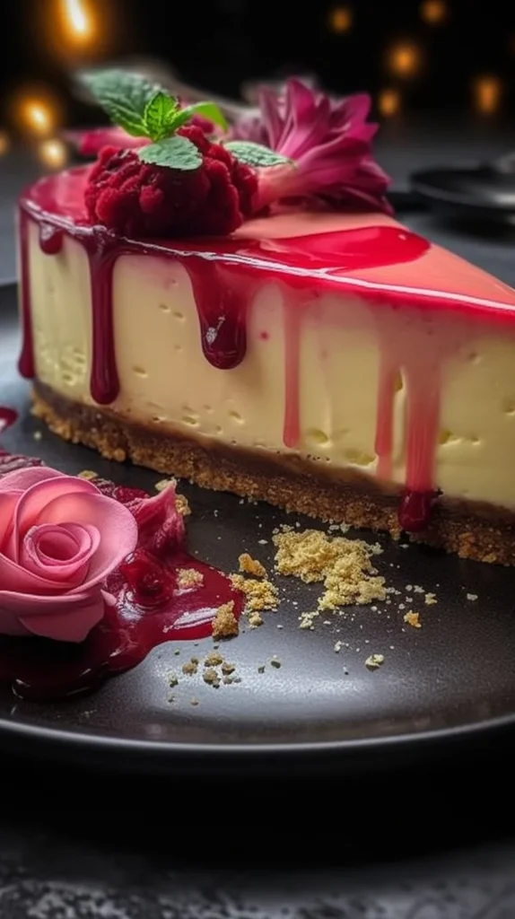 Slice of rhubarb cheesecake with a creamy filling and rhubarb topping