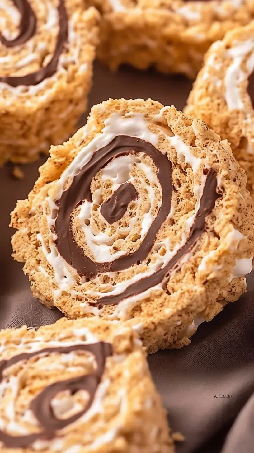 Rolled S'mores Rice Krispie Treats with chocolate and marshmallows