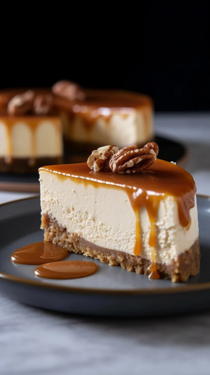 Delicious homemade salted caramel cheesecake with a rich topping