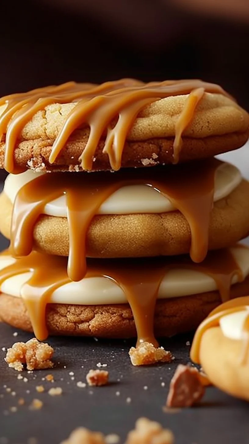 Plate of salted caramel cheesecake cookies with a drizzle of caramel sauce