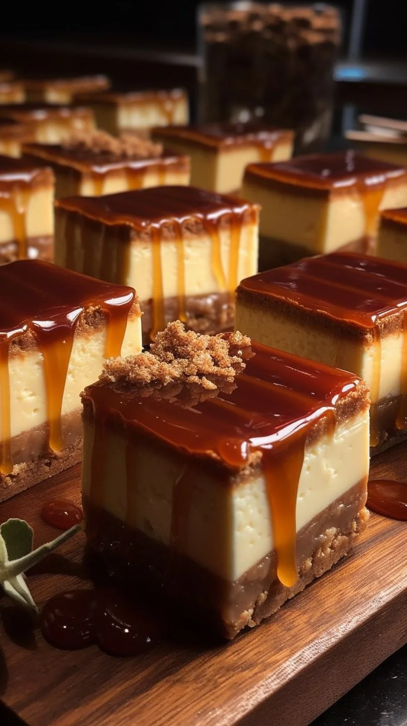 Delicious salted caramel pretzel cheesecake squares with a buttery crust