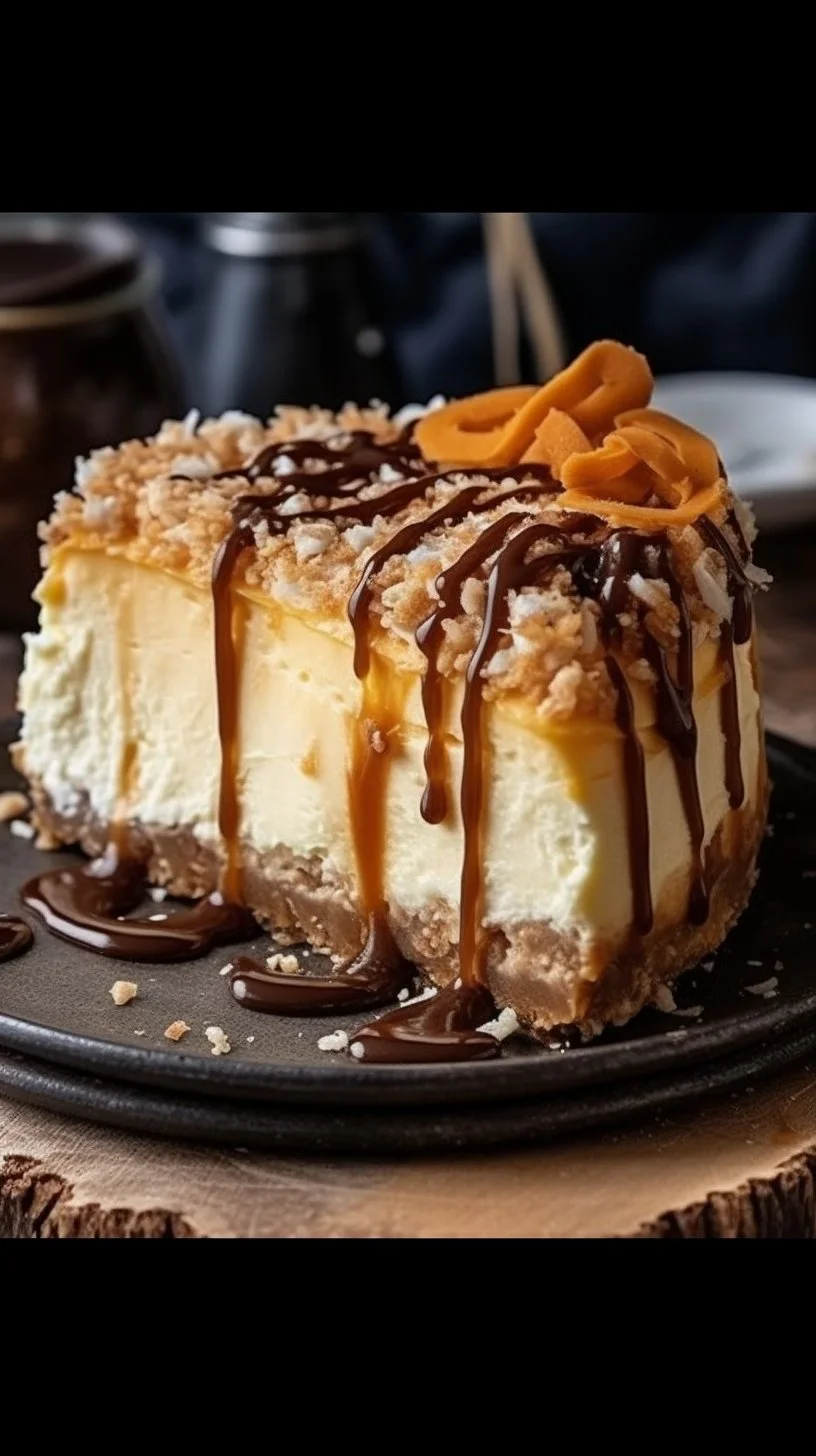 Delicious Samoa cheesecake topped with chocolate, caramel, and coconut.