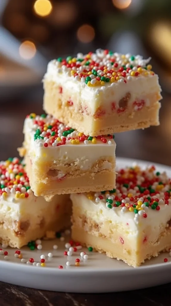 Delicious no-bake sugar cookie bars decorated for the holidays
