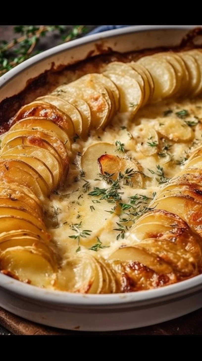 Baked scalloped potatoes with layers of cheese and creamy goodness