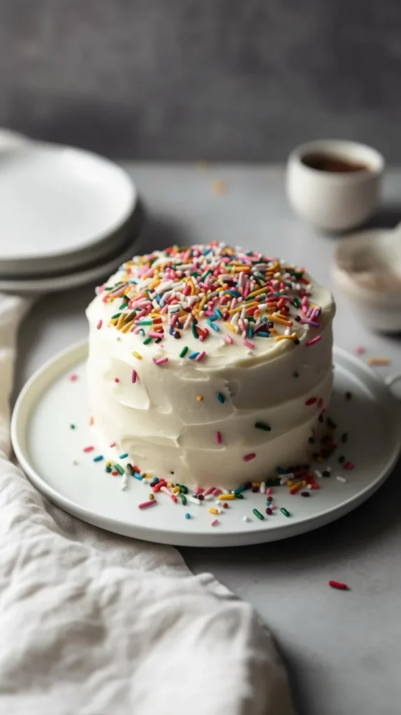 Single serve white cake topped with frosting and berries