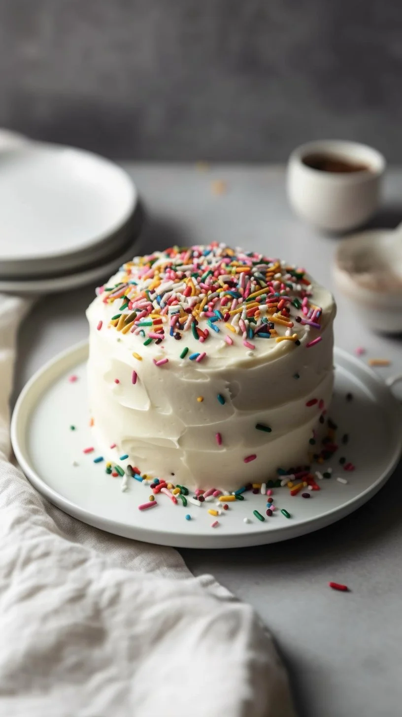 Single serve white cake topped with frosting and berries