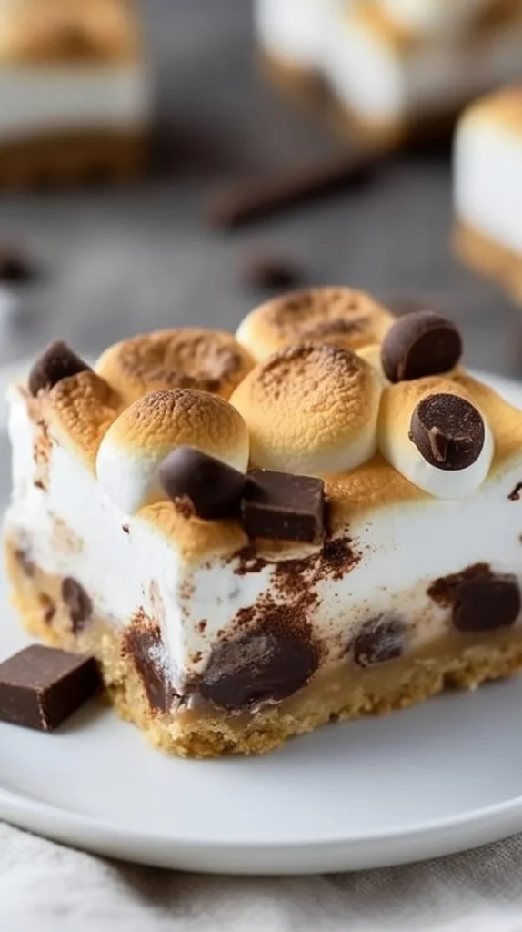 Delicious S'mores Cheesecake Bars topped with chocolate and marshmallows