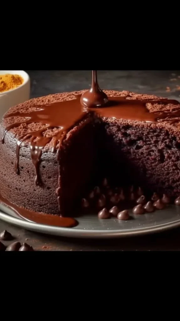 Sponge chocolate cake topped with rich chocolate ganache and cherries.