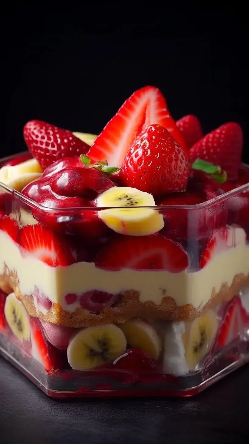 Delicious Strawberry Banana Cream Dessert topped with fresh strawberries and bananas.