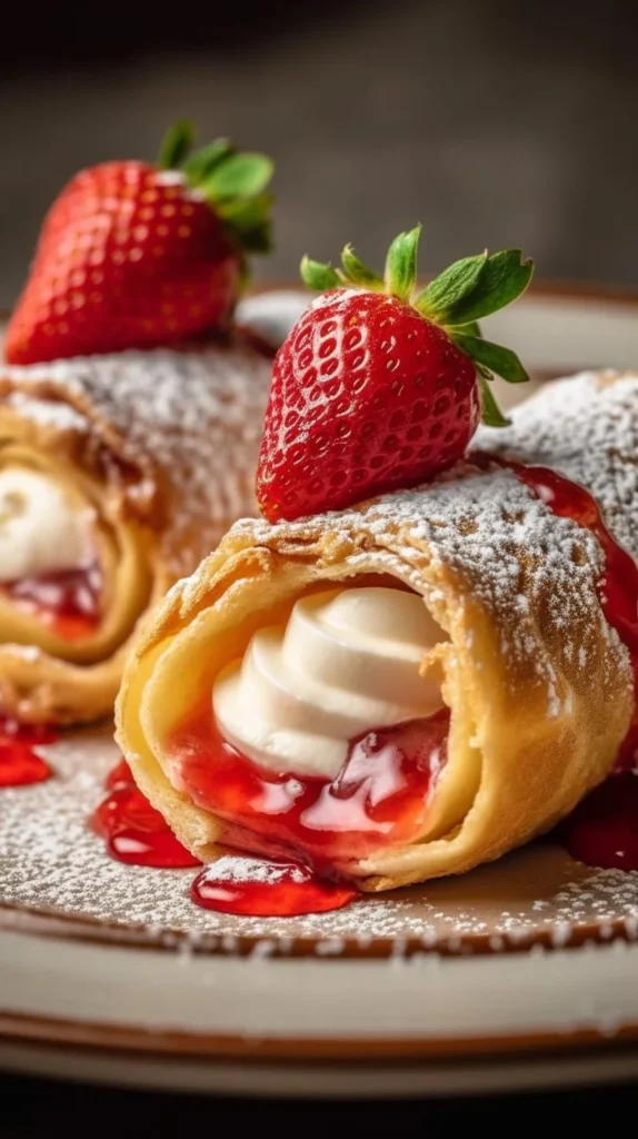 Delicious strawberry cheesecake chimichangas served on a plate