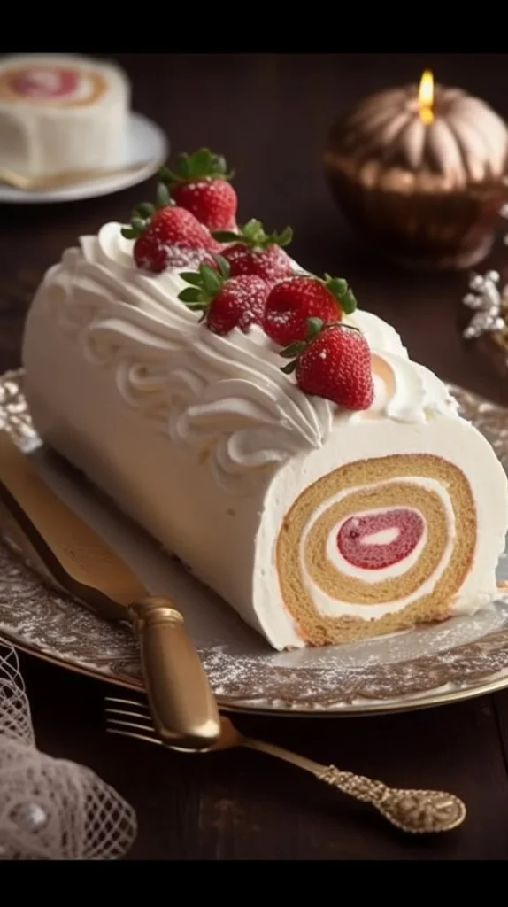 Strawberry Christmas Roll Cake with festive decorations on a holiday table