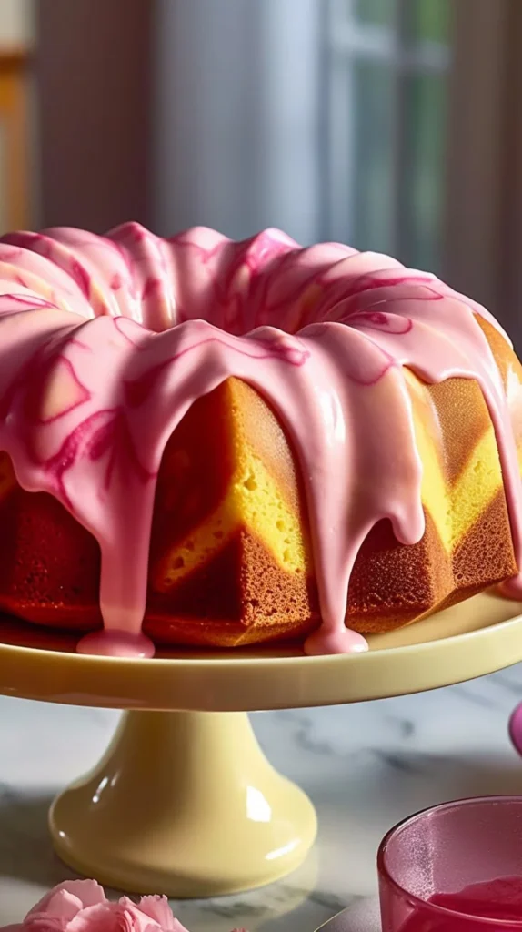 Slice of Strawberry Milkshake Pound Cake topped with fresh strawberries