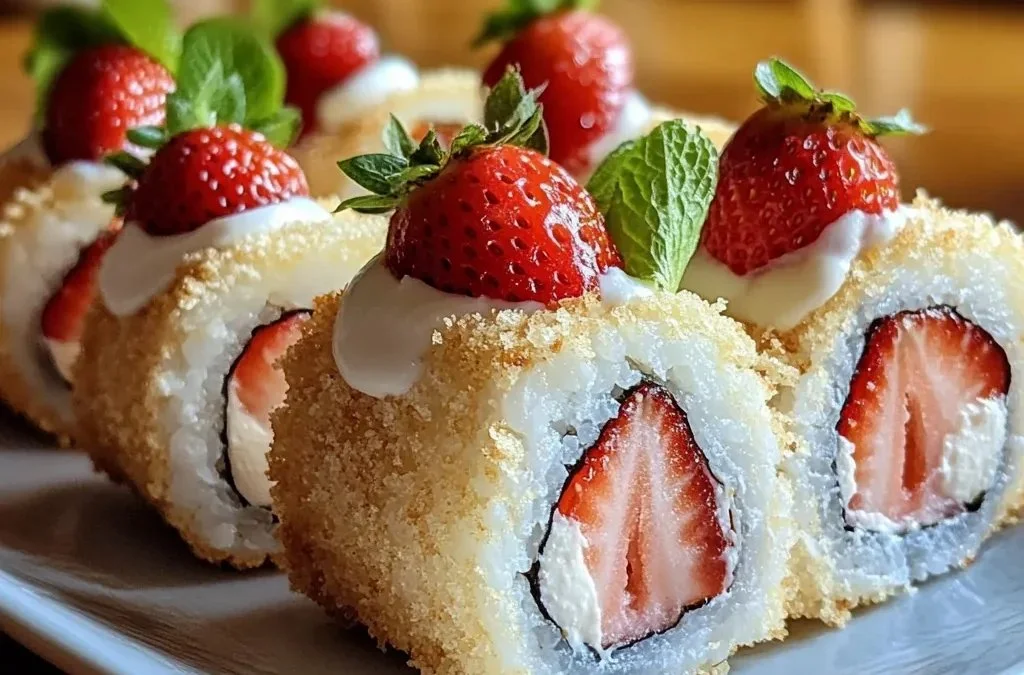 Strawberry Shortcake Cheesecake Sushi Rolls beautifully plated with fresh strawberries.