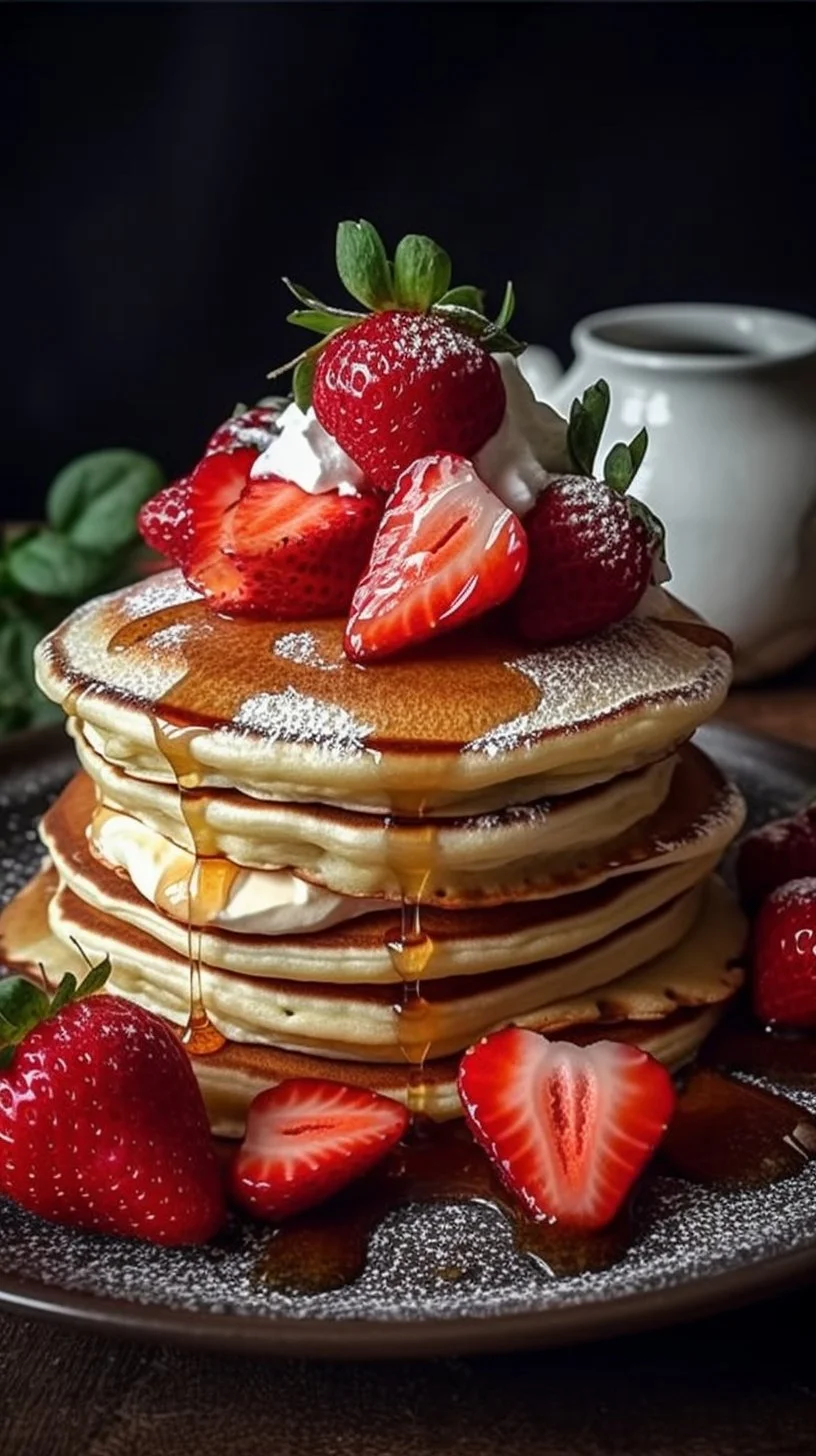 Fluffy strawberry shortcake pancakes topped with fresh strawberries and whipped cream