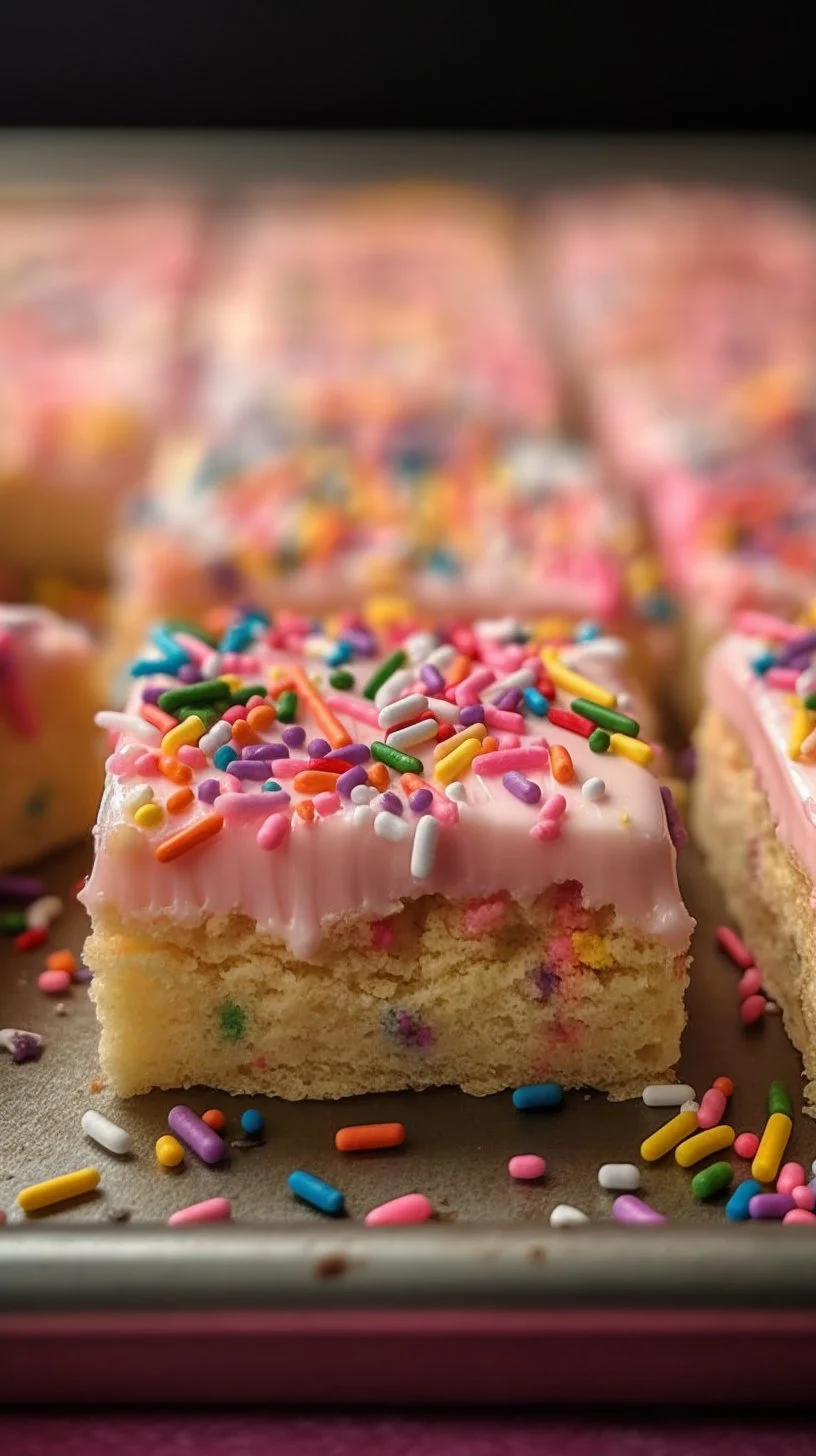Delicious sugar cookie bars topped with frosting and sprinkles