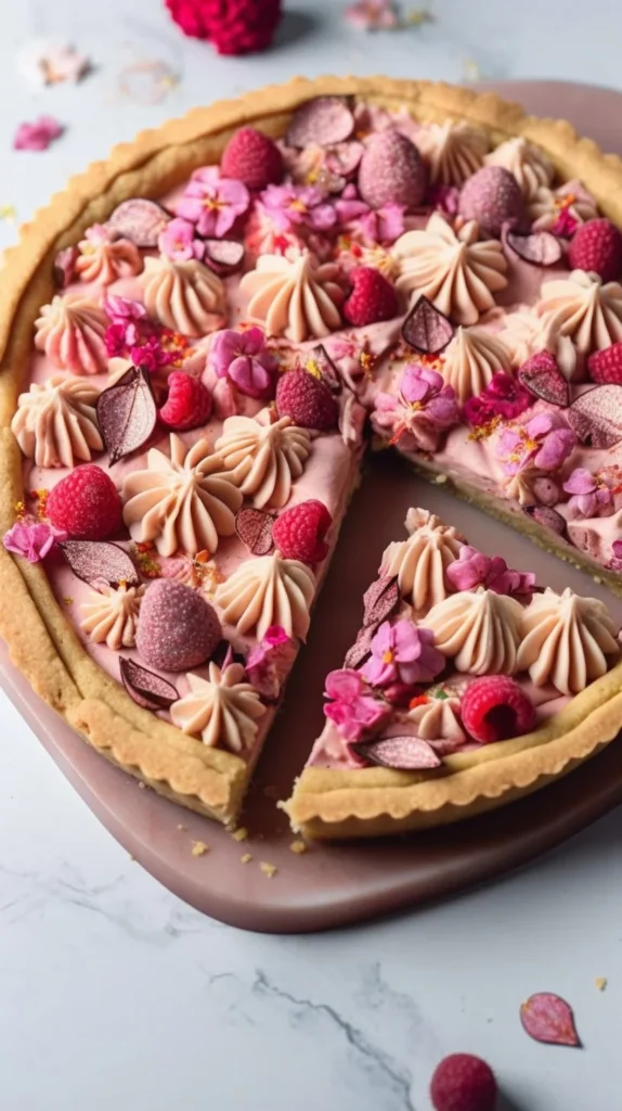 Sugar cookie cake with raspberry buttercream frosting on a decorative plate.