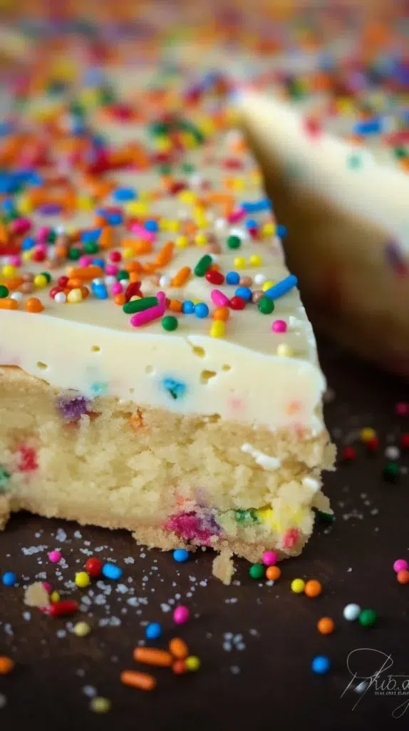 Delicious sugar cookie cheesecake bars with a creamy topping and cookie crust.