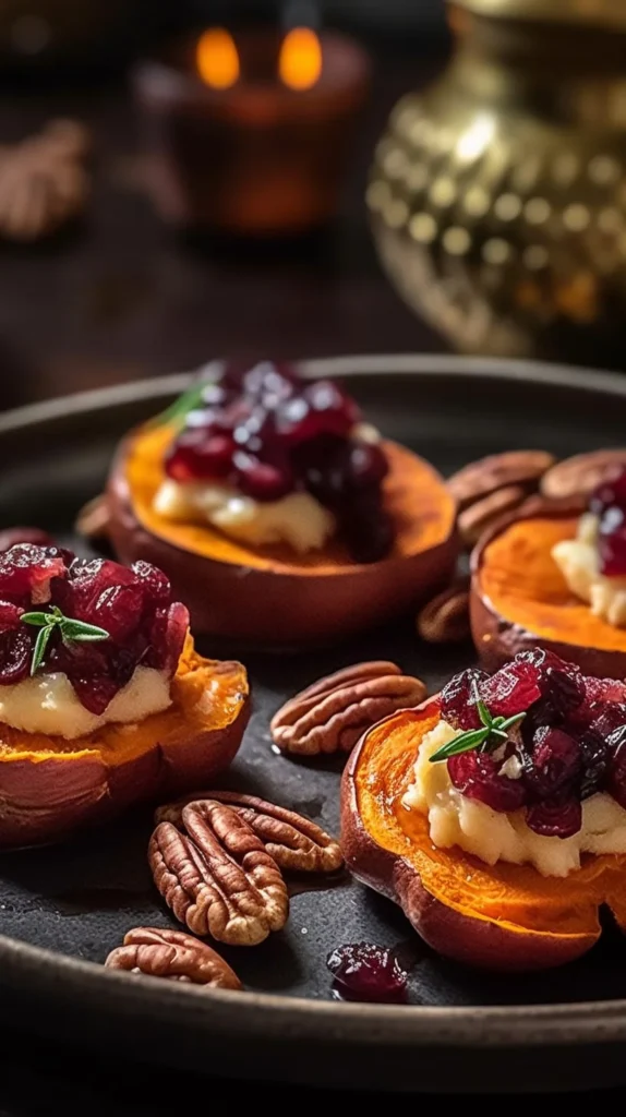 Sweet potato rounds topped with brie, cranberry, and pecans on a plate.