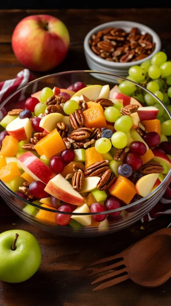 Colorful Thanksgiving fruit salad with seasonal fruits and festive decorations.