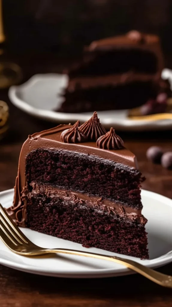 Rich and moist chocolate layer cake topped with chocolate frosting