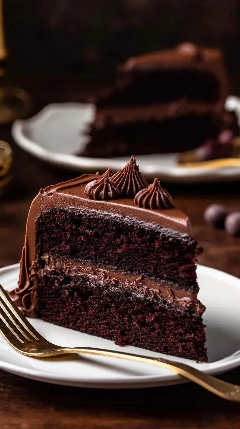 Rich and moist chocolate layer cake topped with chocolate frosting
