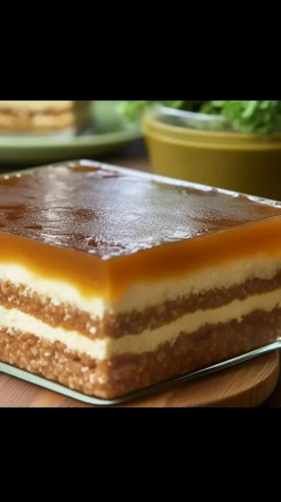 Delicious slice of Three-Cup Cake with a cup and ingredients in the background.