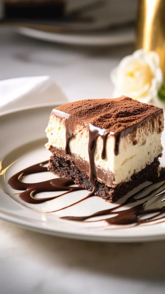 Delicious tiramisu brownies topped with cocoa and coffee flavor.