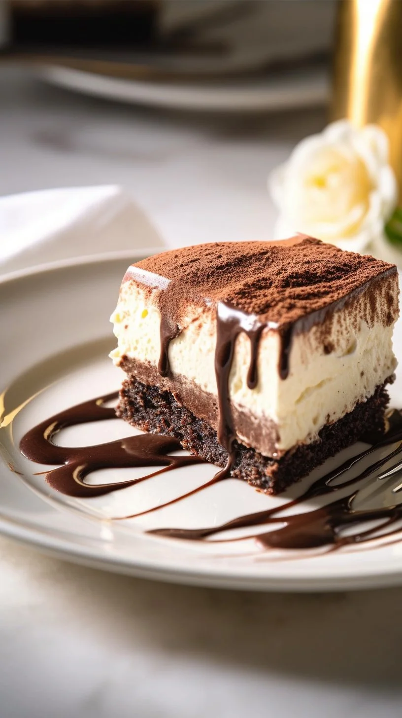 Delicious tiramisu brownies topped with cocoa and coffee flavor.