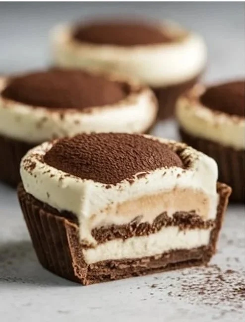 Delicious tiramisu cups topped with cocoa and coffee beans