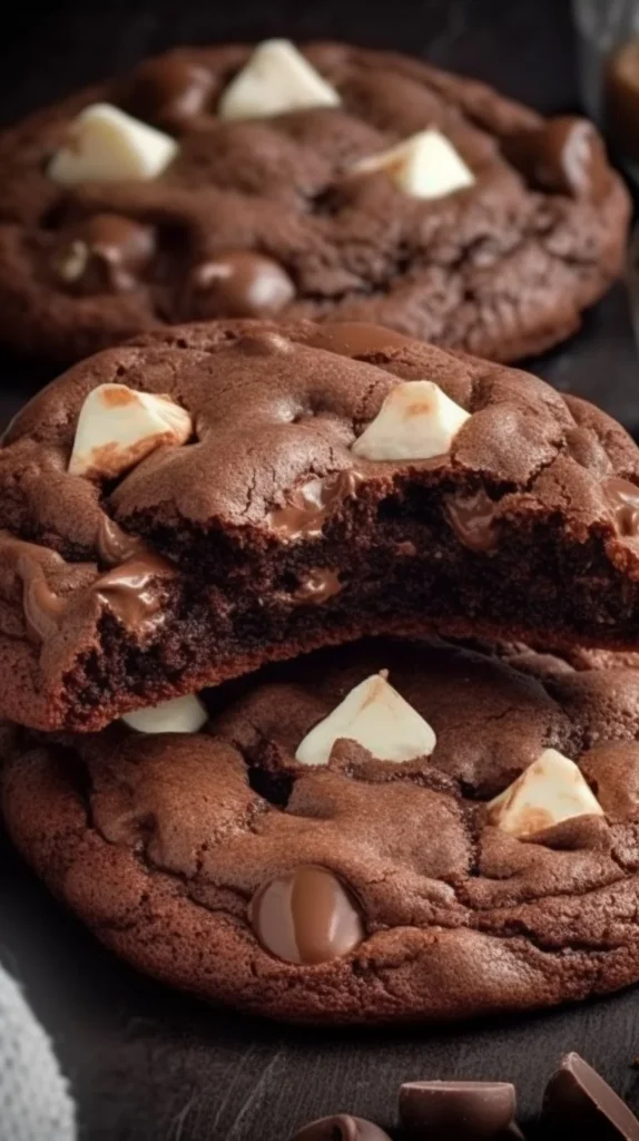 Batch of freshly baked Triple Chocolate Cookies on a cooling rack