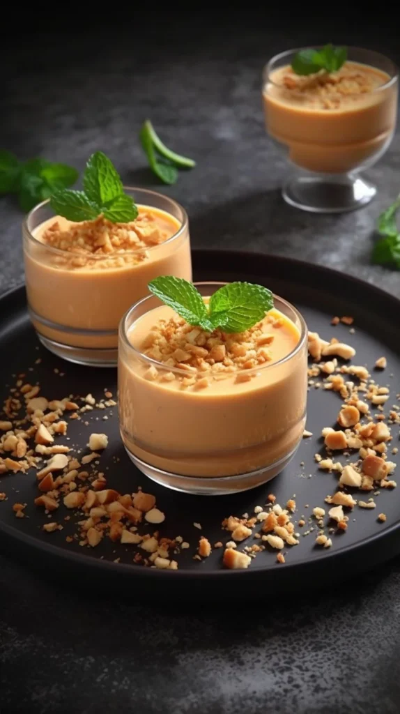 Delicious turron mousse topped with nuts, served in a elegant dessert glass.