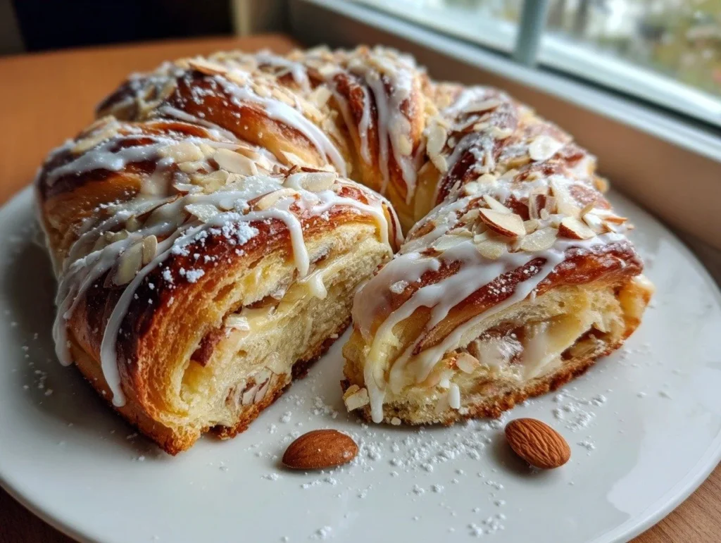 Delicious homemade Almond Kringle with flaky pastry and almond filling