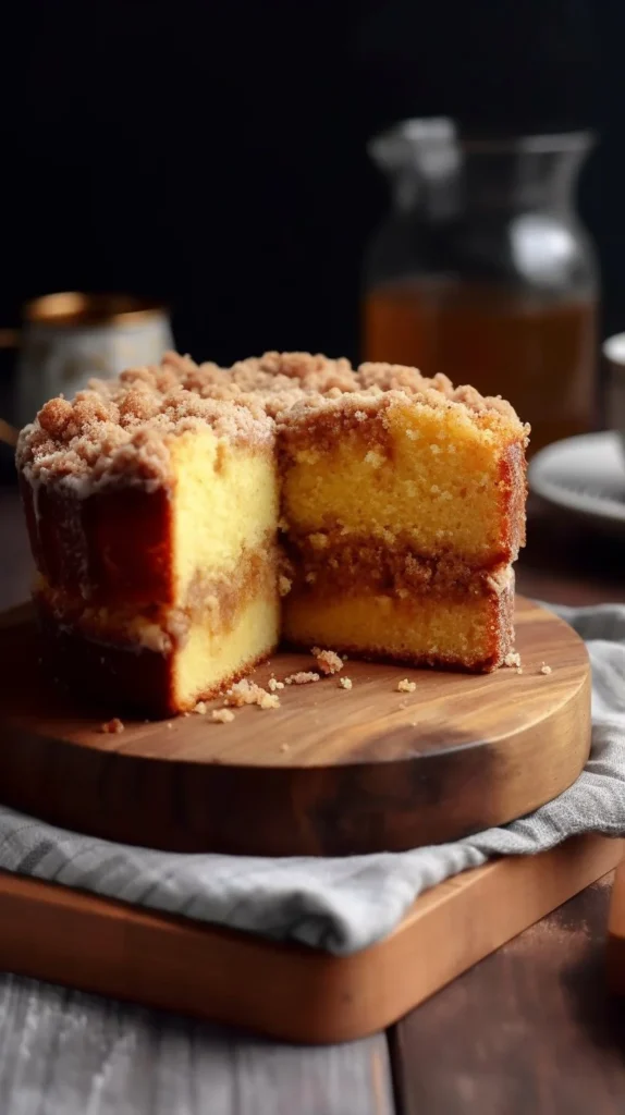 Slice of Vanilla Eggnog Bread topped with a crumb mixture on a plate