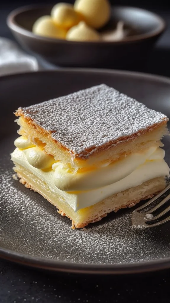 Delicious Vanilla Slice dessert with flaky pastry and creamy custard filling