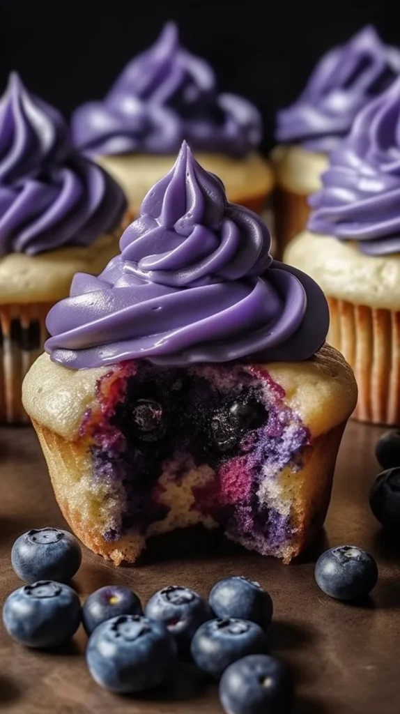 White chocolate blueberry cheesecake cupcakes served on a plate