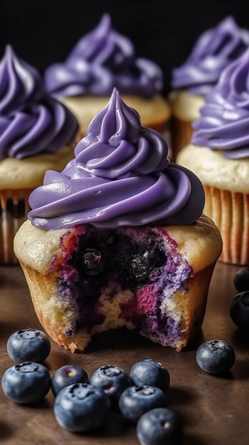 White chocolate blueberry cheesecake cupcakes served on a plate
