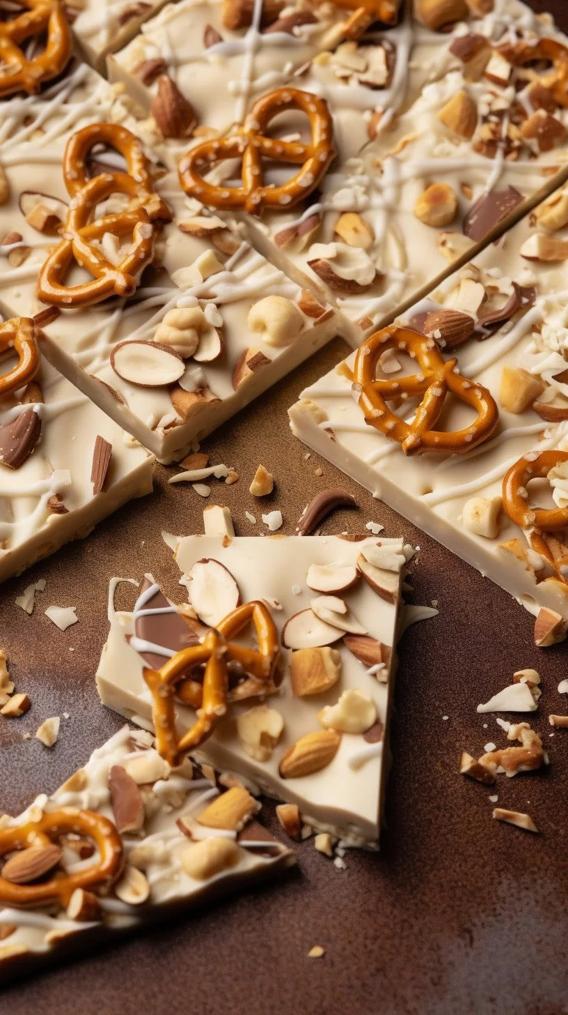 Delicious white chocolate peanut butter pretzel bark on a marble surface.
