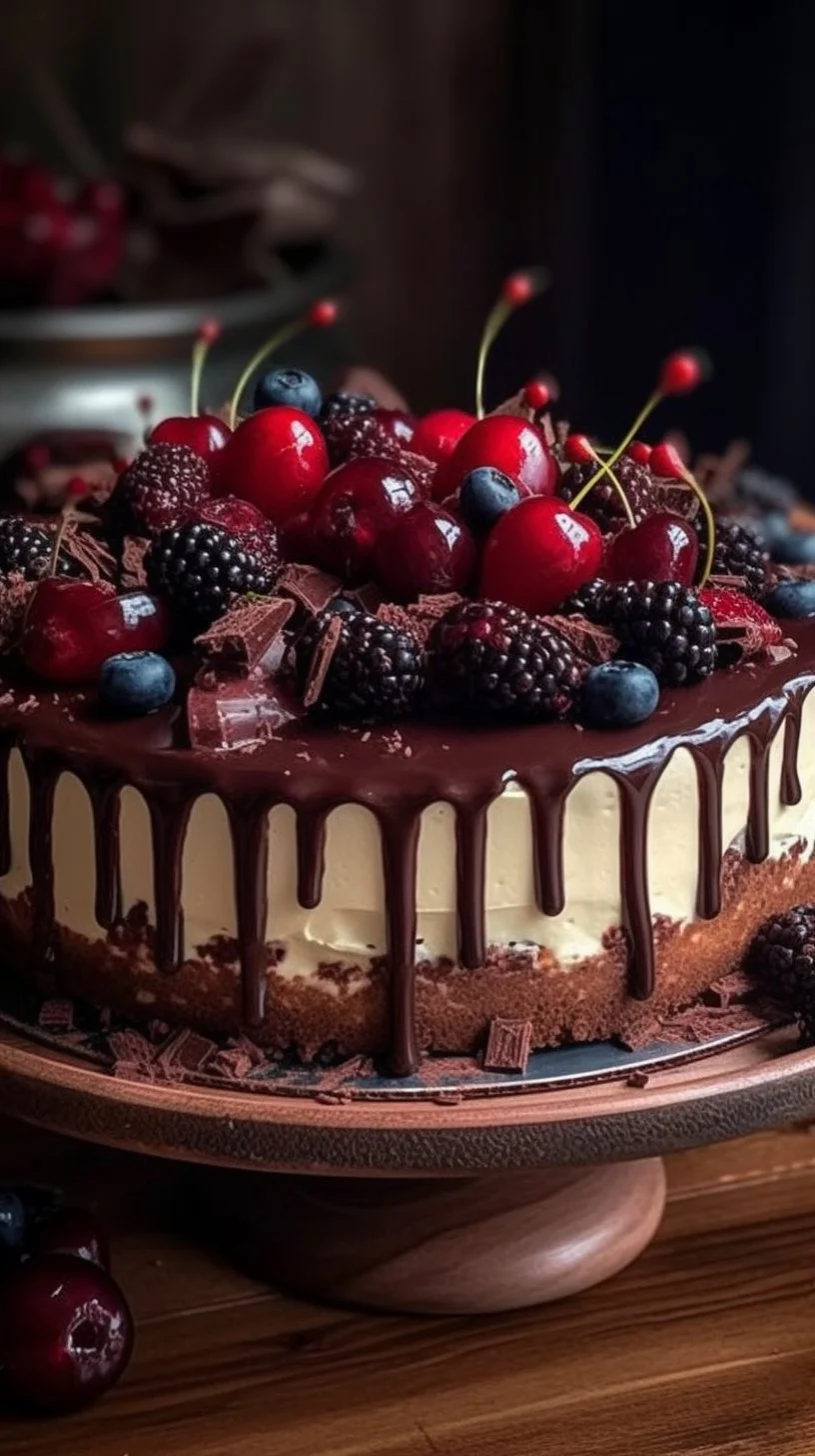 Delicious Black Forest Cheesecake topped with cherries and whipped cream