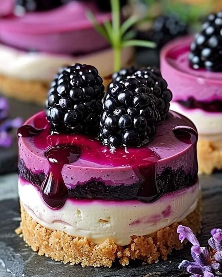 Delicious mini blackberry lavender cheesecakes served on a white plate.