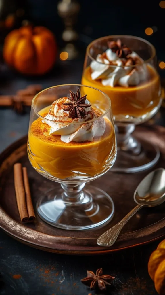 Deliciously baked pumpkin pudding served in a warm dish, topped with whipped cream.