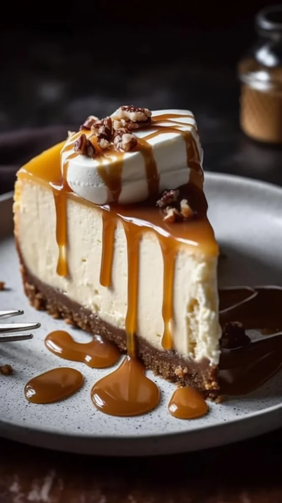 Slices of Banana Bread Cheesecake topped with banana slices and caramel drizzle.